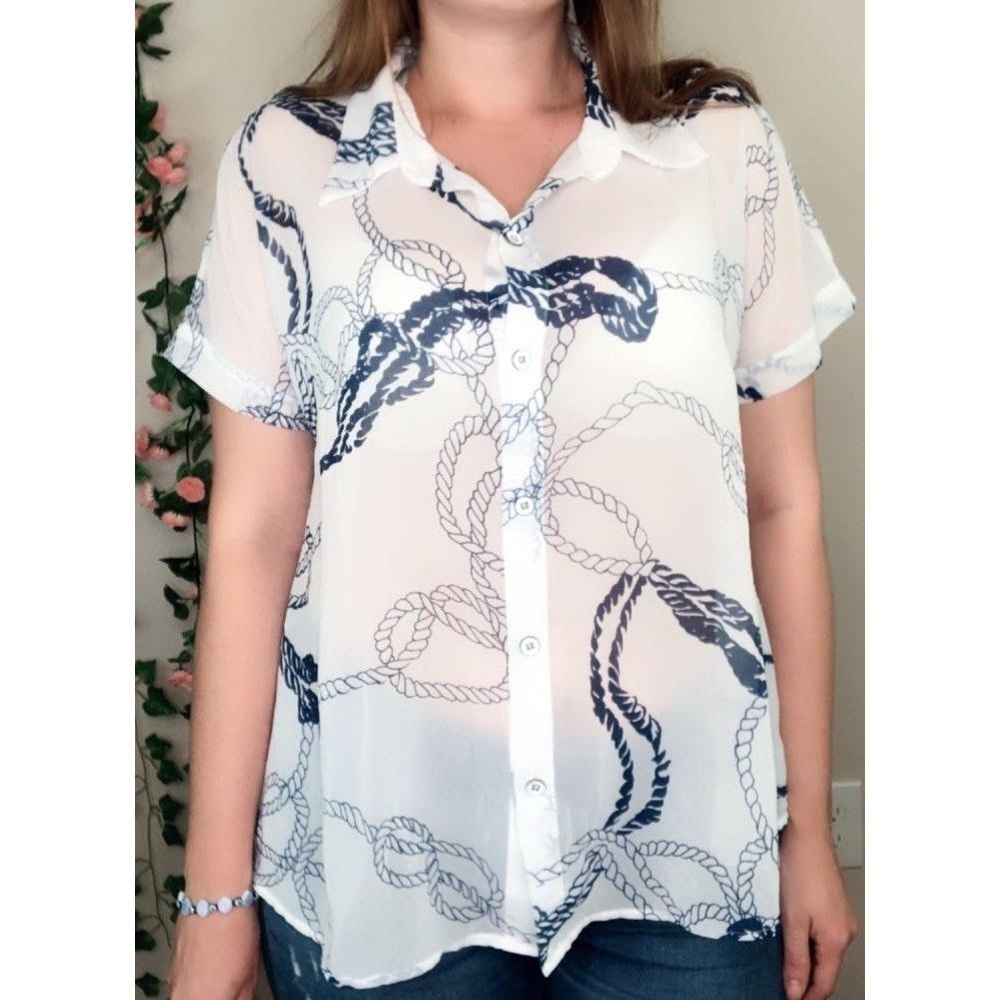 Cabi Nautical Boating Button Rope Sheer Blouse Top